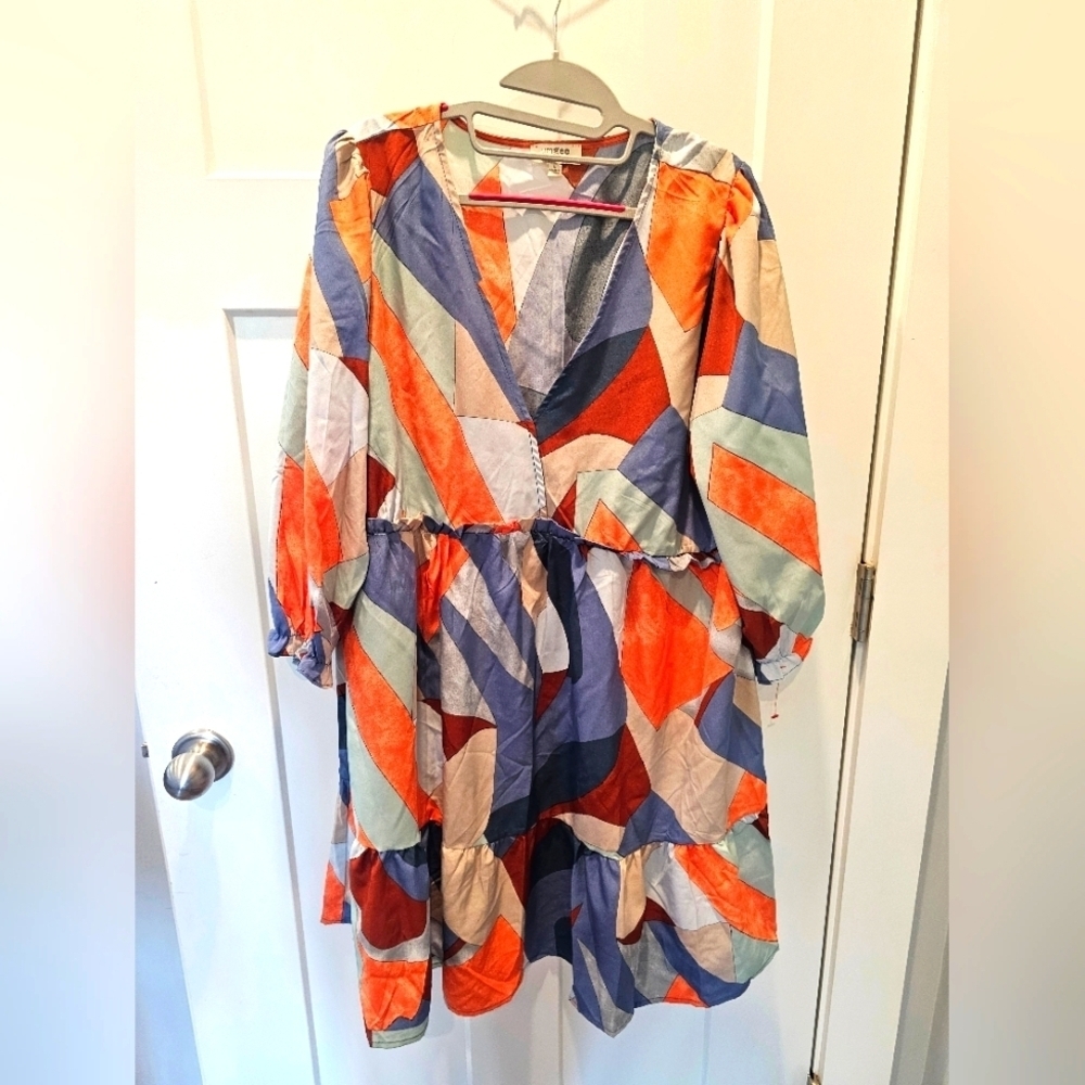 Umgee Abstract Multicolor Tiered Babydoll Dress Size L
